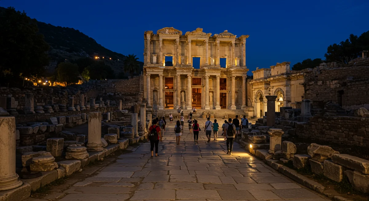 Efes Antik Kenti'nde Gece Büyüsü Başladı: Tarihi Yapılar Işıkla Canlandı, Ziyaretçi Rekoru Hedefleniyor!